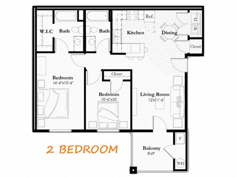 A floor plan of a 2 bedroom apartment.